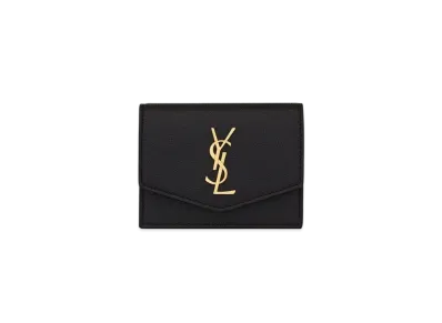 Saint Laurent Uptown Business-Card Case In Grain De Poudre Embossed Leather "Black"