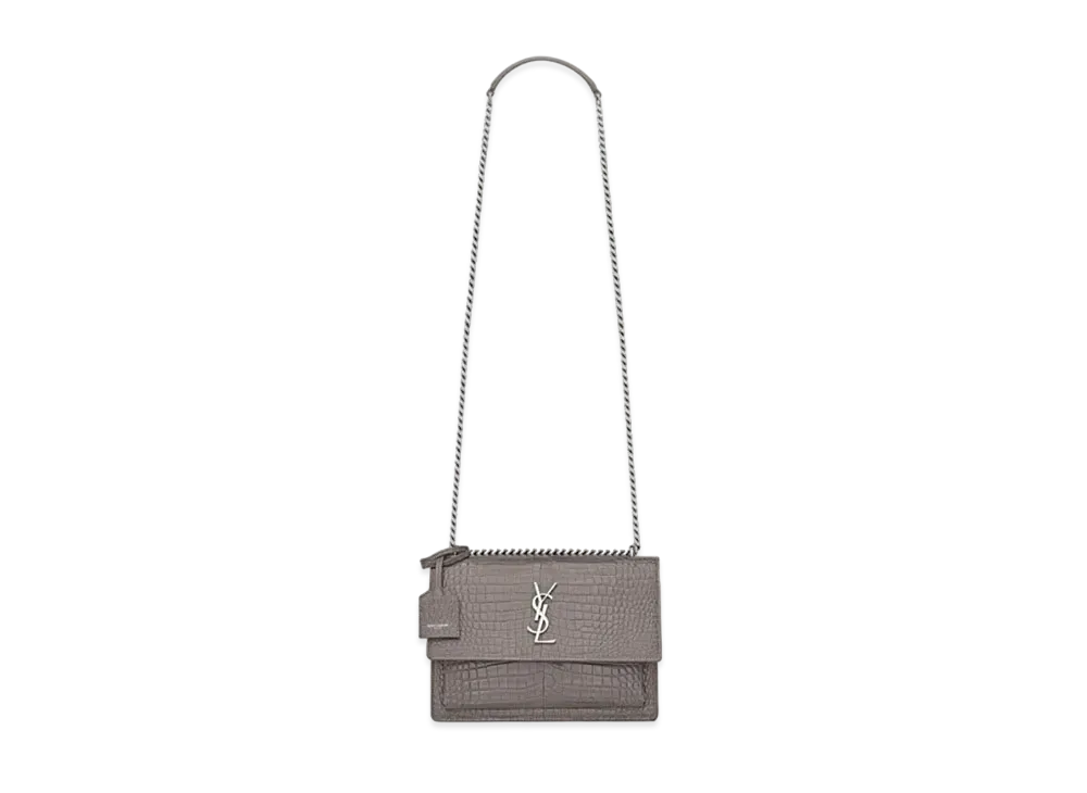 Saint Laurent Sunset Medium In Crocodile-Embossed Shiny Leather "Fog"