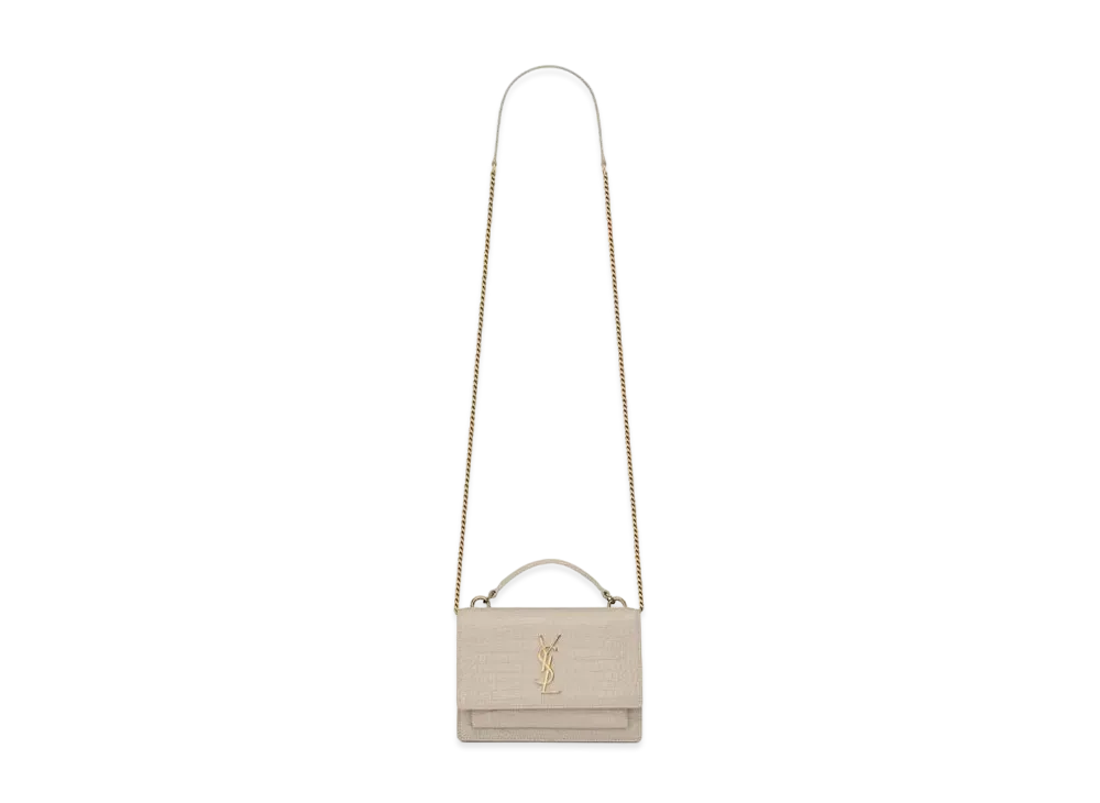 Saint Laurent Sunset Chain Wallet In Crocodile-Embossed Shiny Leather "Vintage White"