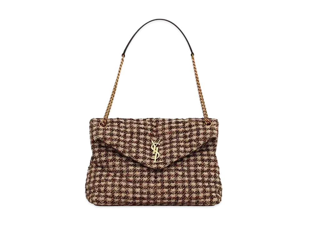 Saint Laurent Puffer Small Bag In Checked Tweed And Lambskin "Beige"