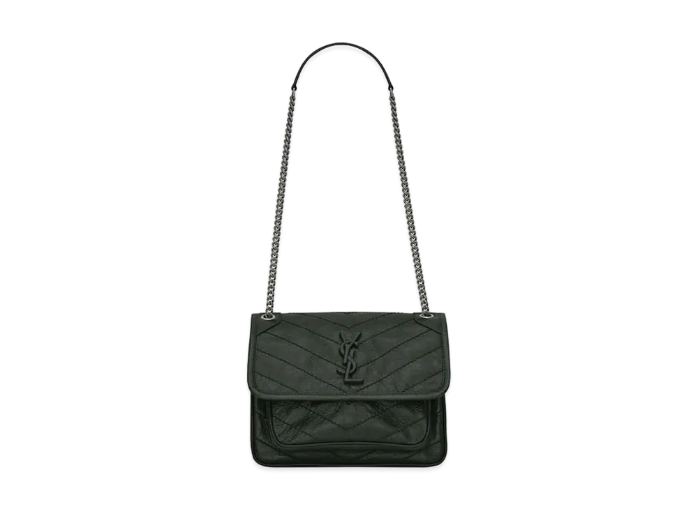 Saint Laurent Niki Baby In Crinkled Vintage Leather "Dark Green"