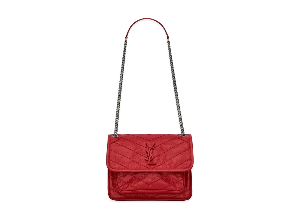 Saint Laurent Niki Baby In Crinkled Vintage Leather "Rouge Eros"