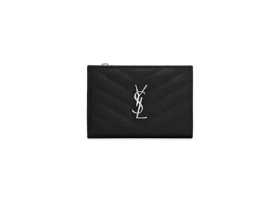 Saint Laurent Monogram Zippered Two-Part Wallet In Quilted Grain De Poudre Embossed Leather "Black"