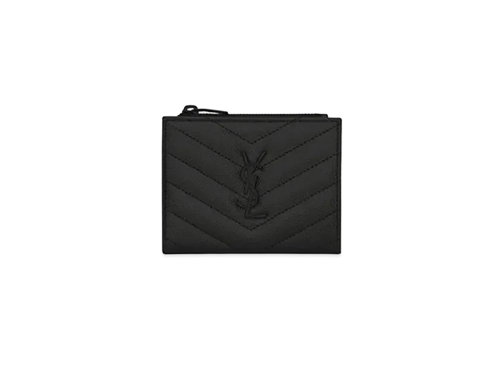 Saint Laurent Monogram Zippered Card Case In Grain De Poudre Embossed Leather "Black"