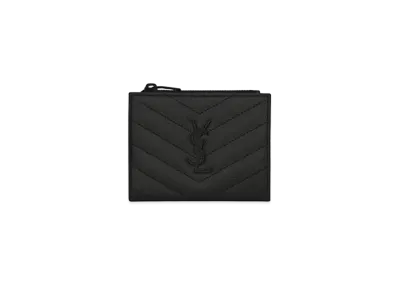 Saint Laurent Monogram Zippered Card Case In Grain De Poudre Embossed Leather "Black"