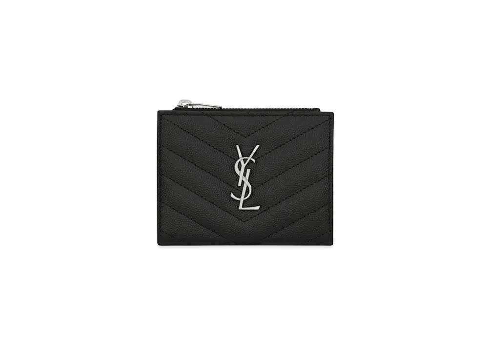 Saint Laurent Monogram Zipped Card Case In Grain De Poudre Embossed Leather "Black"