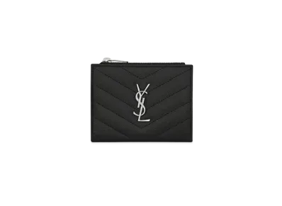 Saint Laurent Monogram Zipped Card Case In Grain De Poudre Embossed Leather "Black"