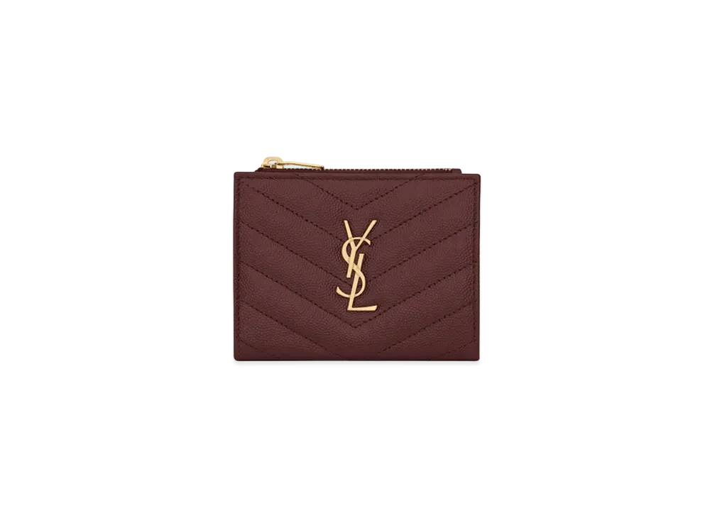 Saint Laurent Monogram Zipped Card Case In Grain De Poudre Embossed Leather "Rouge Legion"