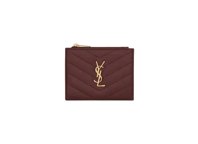 Saint Laurent Monogram Zipped Card Case In Grain De Poudre Embossed Leather "Rouge Legion"