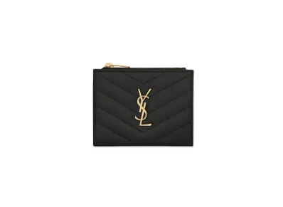 Saint Laurent Monogram Zipped Card Case In Grain De Poudre Embossed Leather "Black"