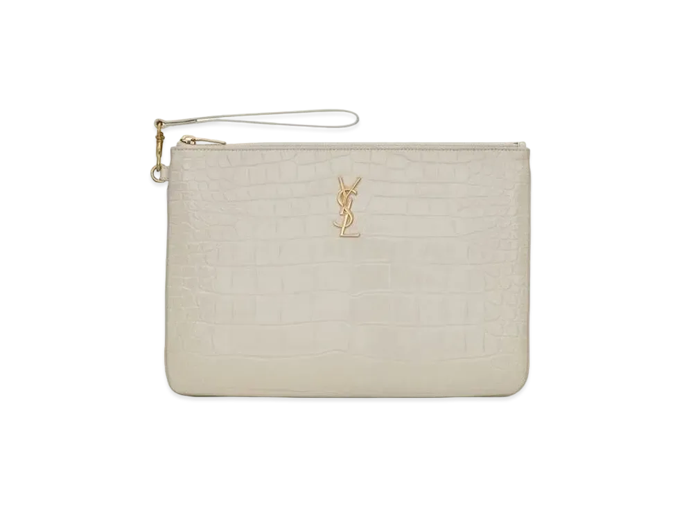 Saint Laurent Monogram Tablet Pouch In Crocodile-Embossed Leather "Vintage White"