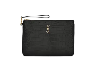 Saint Laurent Monogram Tablet Pouch In Crocodile-Embossed Leather "Black"