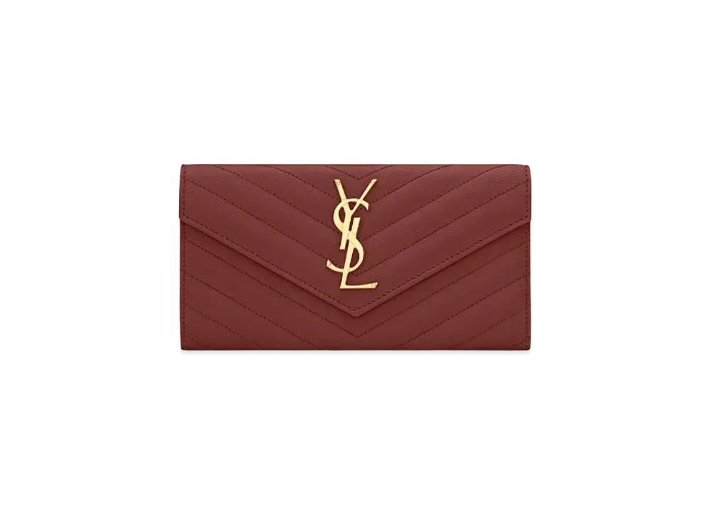 Saint Laurent Monogram Large Flap Wallet In Quilted Grain De Poudre Embossed Leather "Rouge Opyum"