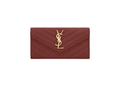 Saint Laurent Monogram Large Flap Wallet In Quilted Grain De Poudre Embossed Leather "Rouge Opyum"