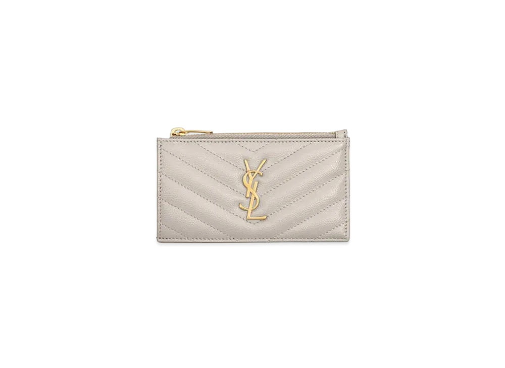 Saint Laurent Monogram Fragments Zippered Card Case In Grain De Poudre Embossed Leather "Vintage White"