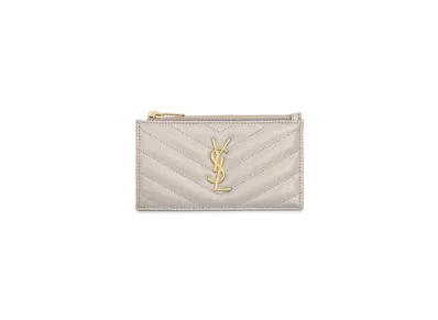 Saint Laurent Monogram Fragments Zippered Card Case In Grain De Poudre Embossed Leather "Vintage White"