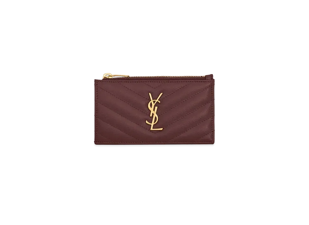 Saint Laurent Monogram Fragments Zippered Card Case In Grain De Poudre Embossed Leather "Rouge Legion"
