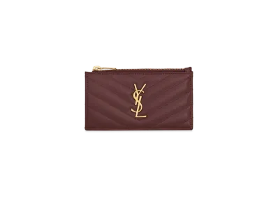Saint Laurent Monogram Fragments Zippered Card Case In Grain De Poudre Embossed Leather "Rouge Legion"