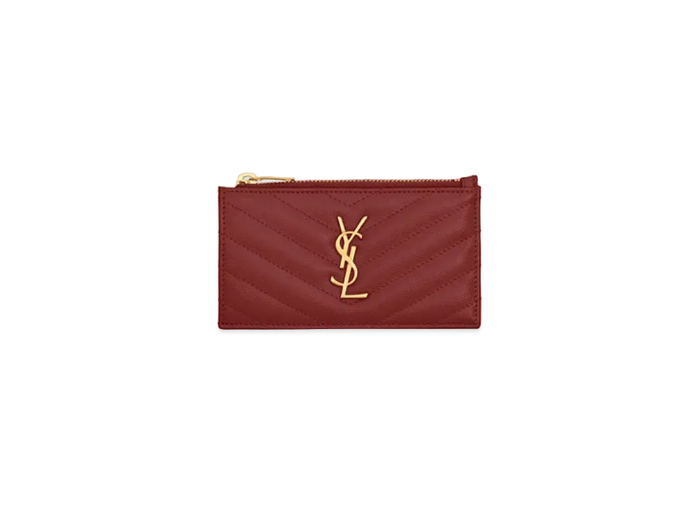 Saint Laurent Monogram Fragments Zippered Card Case In Grain De Poudre Embossed Leather "Rouge Opyum"