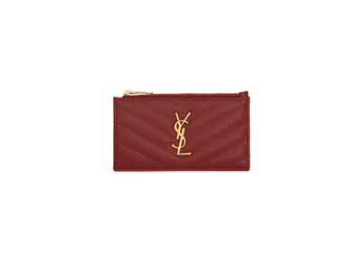 Saint Laurent Monogram Fragments Zippered Card Case In Grain De Poudre Embossed Leather "Rouge Opyum"