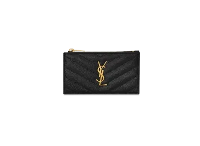 Saint Laurent Monogram Fragments Zippered Card Case In Grain De Poudre Embossed Leather "Black"