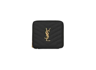 Saint Laurent Monogram Compact Zippered Wallet In Grain De Poudre Embossed Leather "Black"