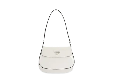 PRADA Cleo Brushed Leather Shoulder Bag with Flap "White"