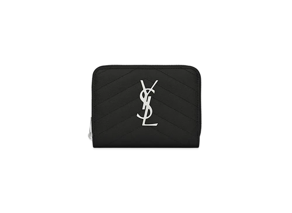 Saint Laurent Monogram Compact Zip Around Wallet In Grain De Poudre Embossed Leather "Black"