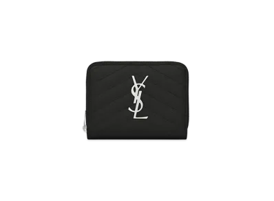 Saint Laurent Monogram Compact Zip Around Wallet In Grain De Poudre Embossed Leather "Black"