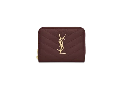 Saint Laurent Monogram Compact Zip Around Wallet In Grain De Poudre Embossed Leather "Rouge Legion"
