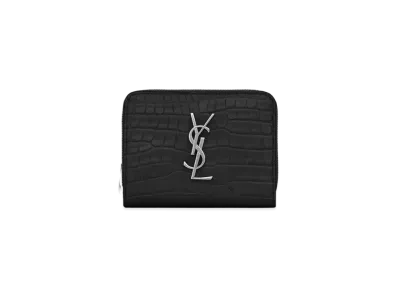 Saint Laurent Monogram Compact Zip Around Wallet In Crocodile Embossed Shiny Leather "Black"