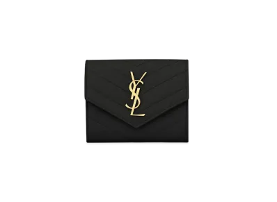 Saint Laurent Monogram Compact Tri Fold In Grain De Poudre Embossed Leather "Black"