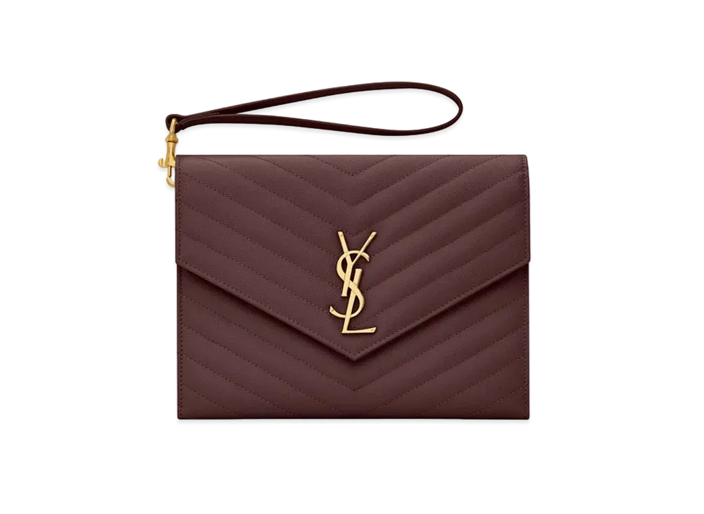 Saint Laurent Monogram Clutch In Quilted Grain De Poudre Embossed Leather "Rouge Legion"