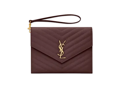 Saint Laurent Monogram Clutch In Quilted Grain De Poudre Embossed Leather "Rouge Legion"
