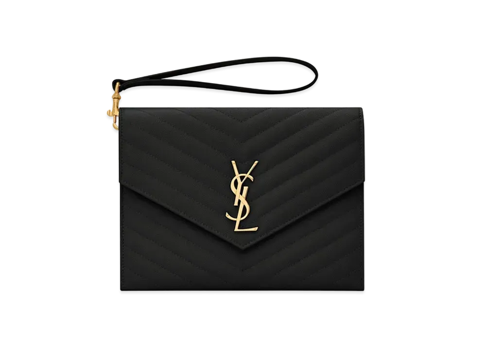 Saint Laurent Monogram Clutch In Quilted Grain De Poudre Embossed Leather "Black"