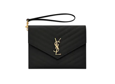 Saint Laurent Monogram Clutch In Quilted Grain De Poudre Embossed Leather "Black"