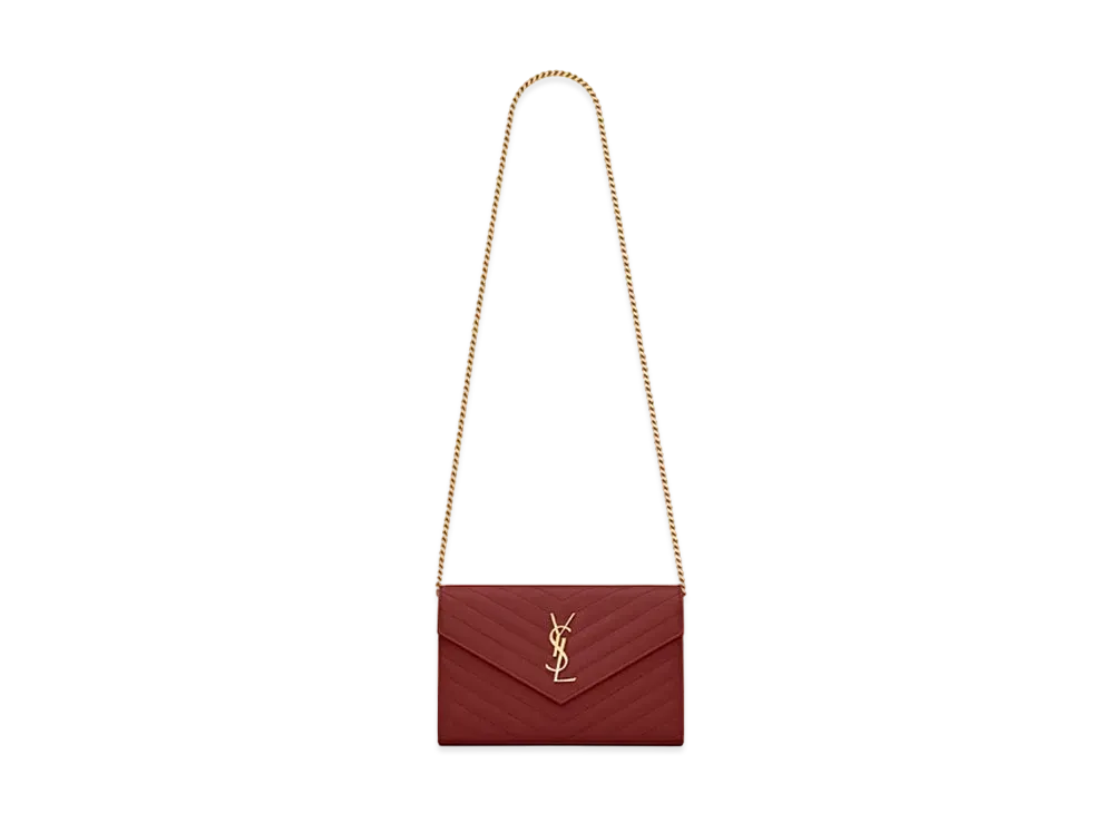 Saint Laurent Monogram Chain Wallet In Quilted Grain De Poudre Embossed Leather "Rouge Opyum"