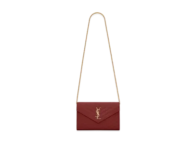 Saint Laurent Monogram Chain Wallet In Quilted Grain De Poudre Embossed Leather "Rouge Opyum"