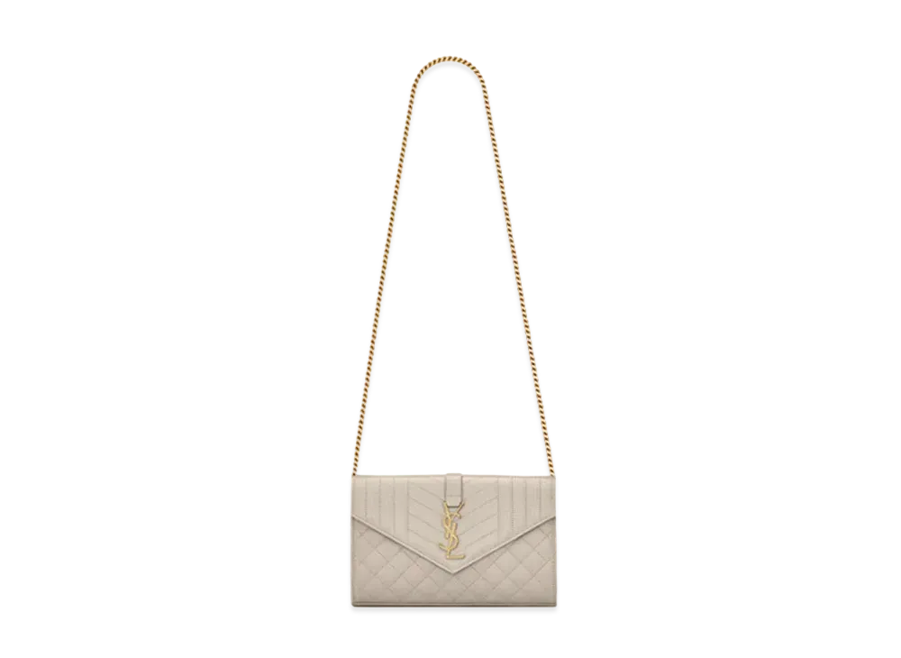 Saint Laurent Monogram Chain Wallet In Mix Matelasse Grain De Poudre Embossed Leather "Vintage White"