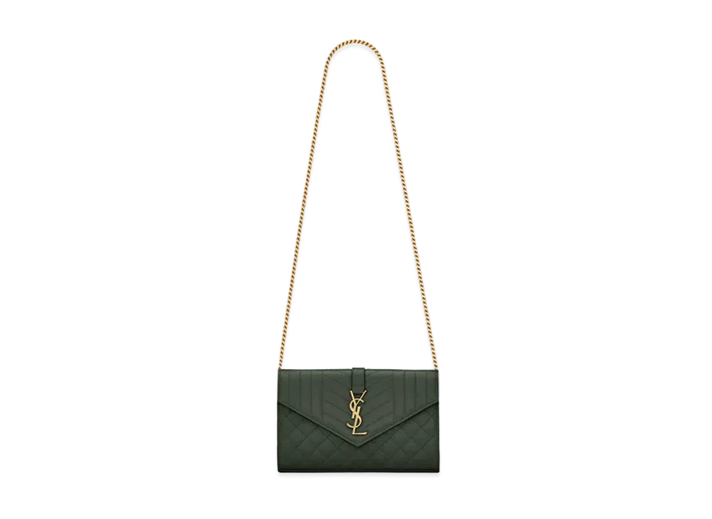 Saint Laurent Monogram Chain Wallet In Mix Matelasse Grain De Poudre Embossed Leather "Dark Green"