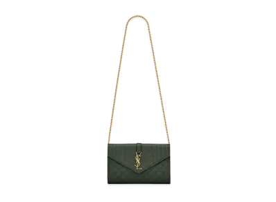 Saint Laurent Monogram Chain Wallet In Mix Matelasse Grain De Poudre Embossed Leather "Dark Green"