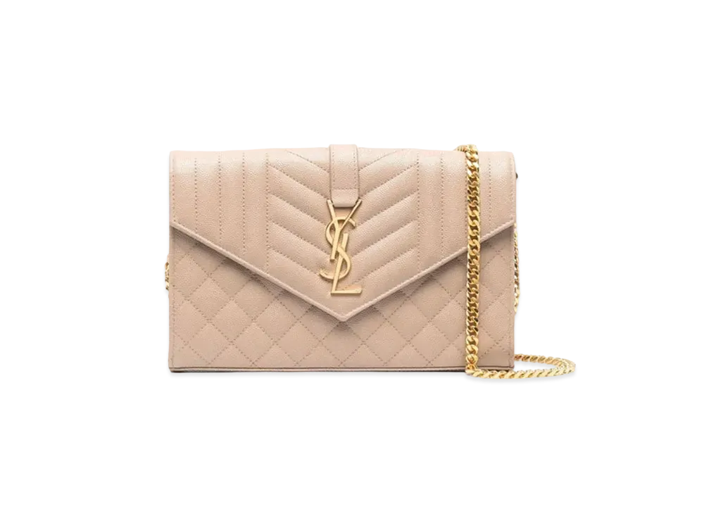 Saint Laurent Monogram Chain Wallet In Mix Matelasse Grain De Poudre Embossed Leather "Dark Beige"