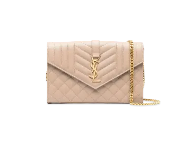 Saint Laurent Monogram Chain Wallet In Mix Matelasse Grain De Poudre Embossed Leather "Dark Beige"