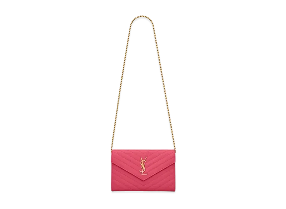 Saint Laurent Monogram Chain Wallet In Grain De Poudre Embossed Leather "Fuchsia"