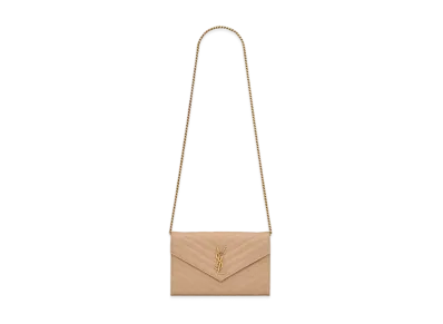 Saint Laurent Monogram Chain Wallet In Grain De Poudre Embossed Leather "Dark Beige"