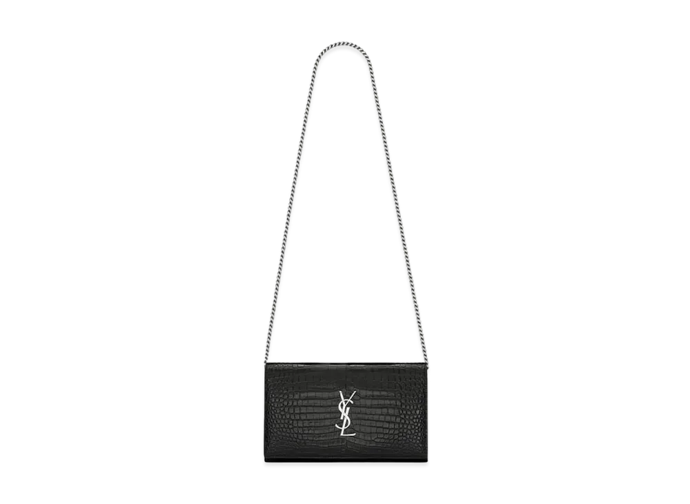 Saint Laurent Monogram Chain Wallet In Crocodile Embossed Shiny Leather "Black"