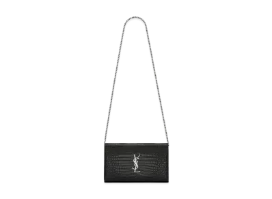 Saint Laurent Monogram Chain Wallet In Crocodile Embossed Shiny Leather "Black"