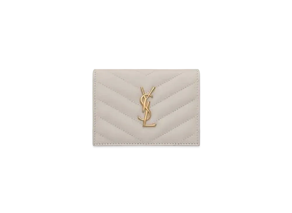 Saint Laurent Monogram Card Case In Grain De Poudre Embossed Leather "Vintage White"