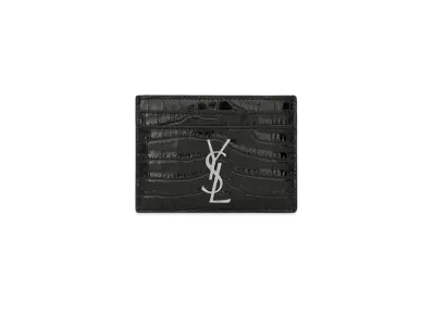 Saint Laurent Monogram Card Case In Crocodile Embossed Shiny Leather "Black"