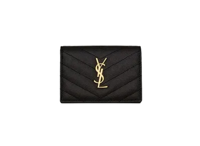 Saint Laurent Monogram Business Card Case In Grain De Poudre Embossed Leather "Black"